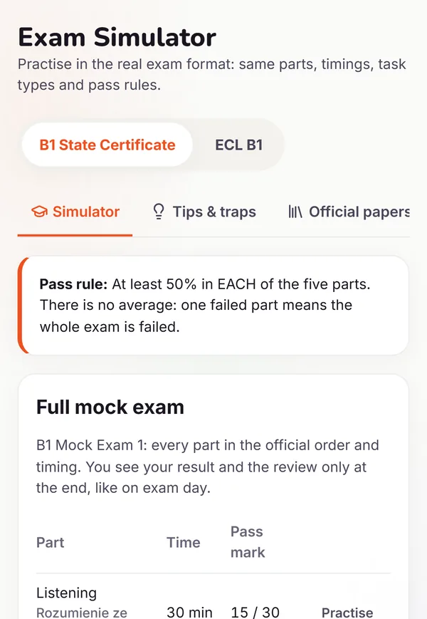 Pluddy Exam Simulator: B1 mock exam with the parts, timings and pass marks
