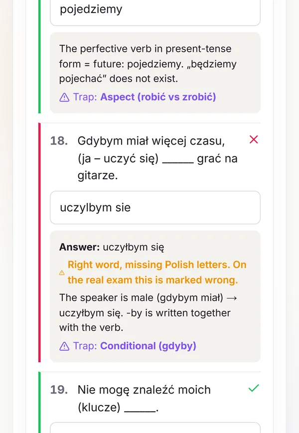 Pluddy review screen explaining a grammar trap: missing Polish letters and the conditional form