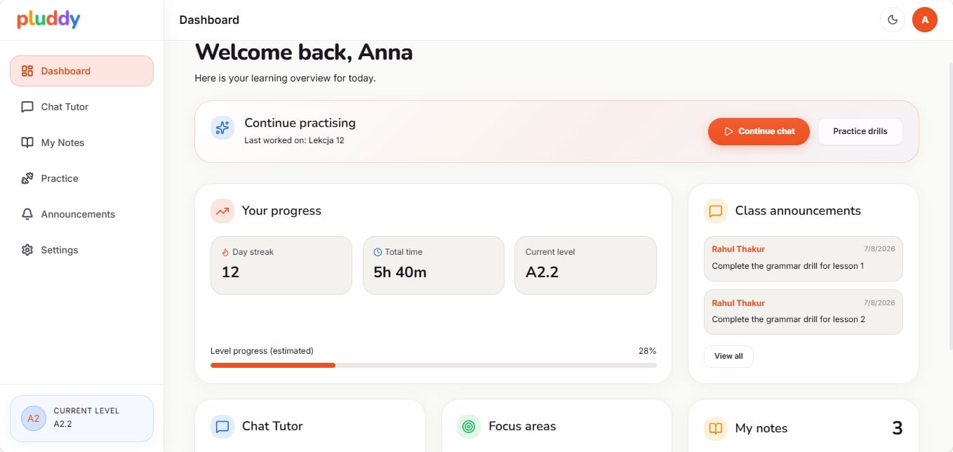 Student dashboard showing progress, chat tutor, and notes