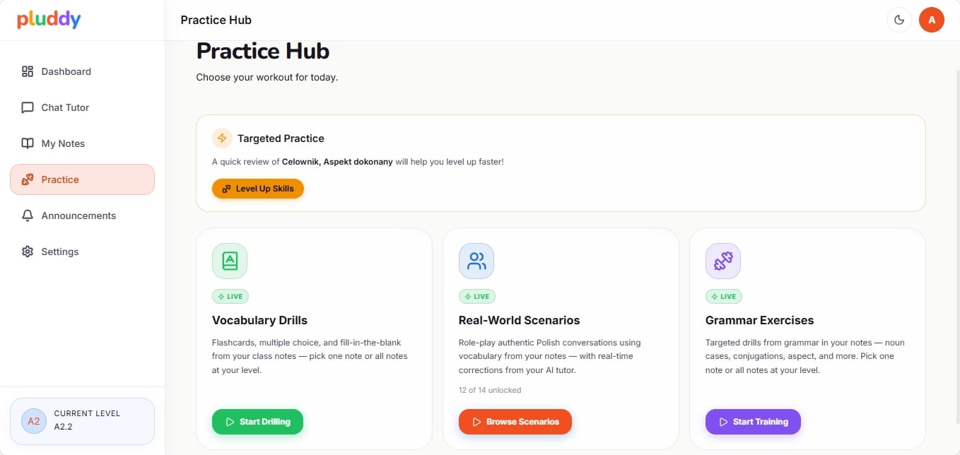 Student Practice Hub with vocabulary drills, scenarios, and grammar exercises