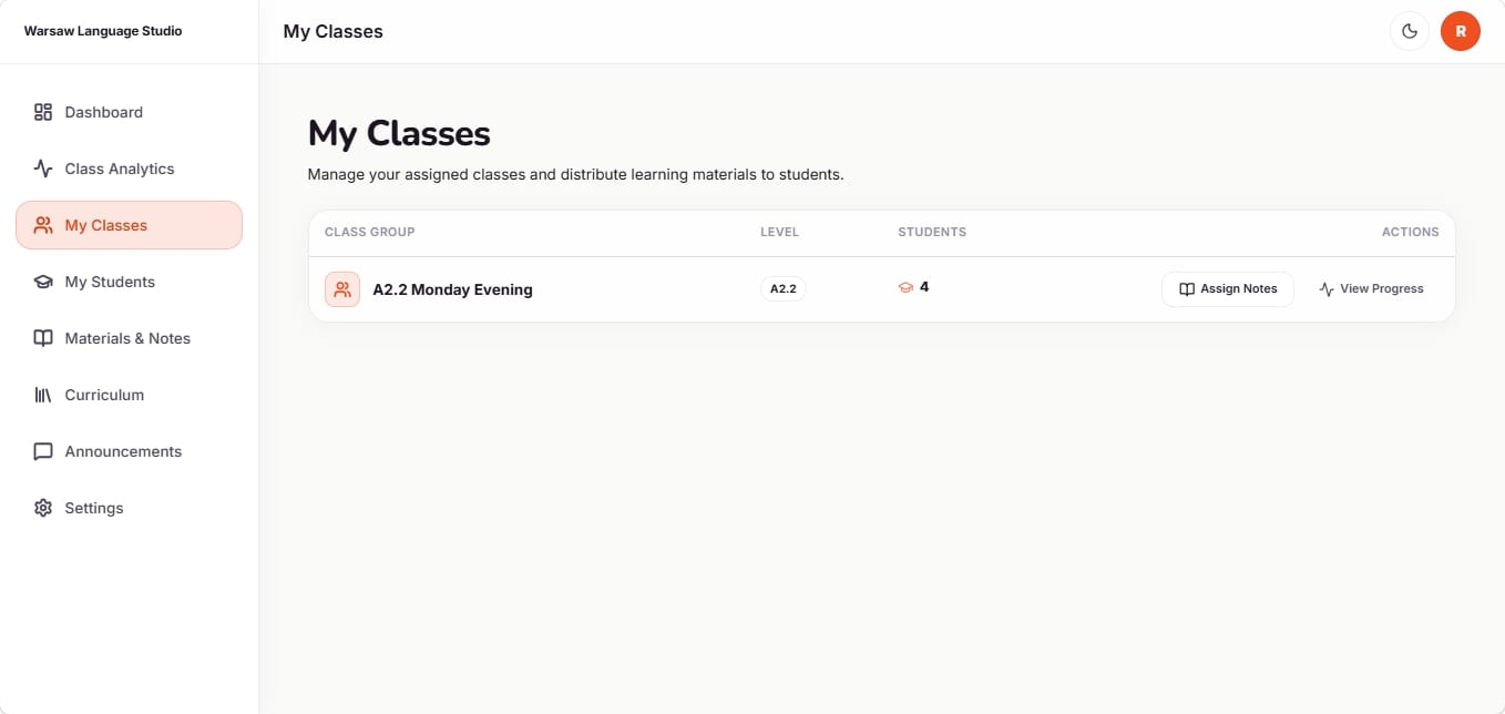 Teacher My Classes list with assign notes and view progress actions
