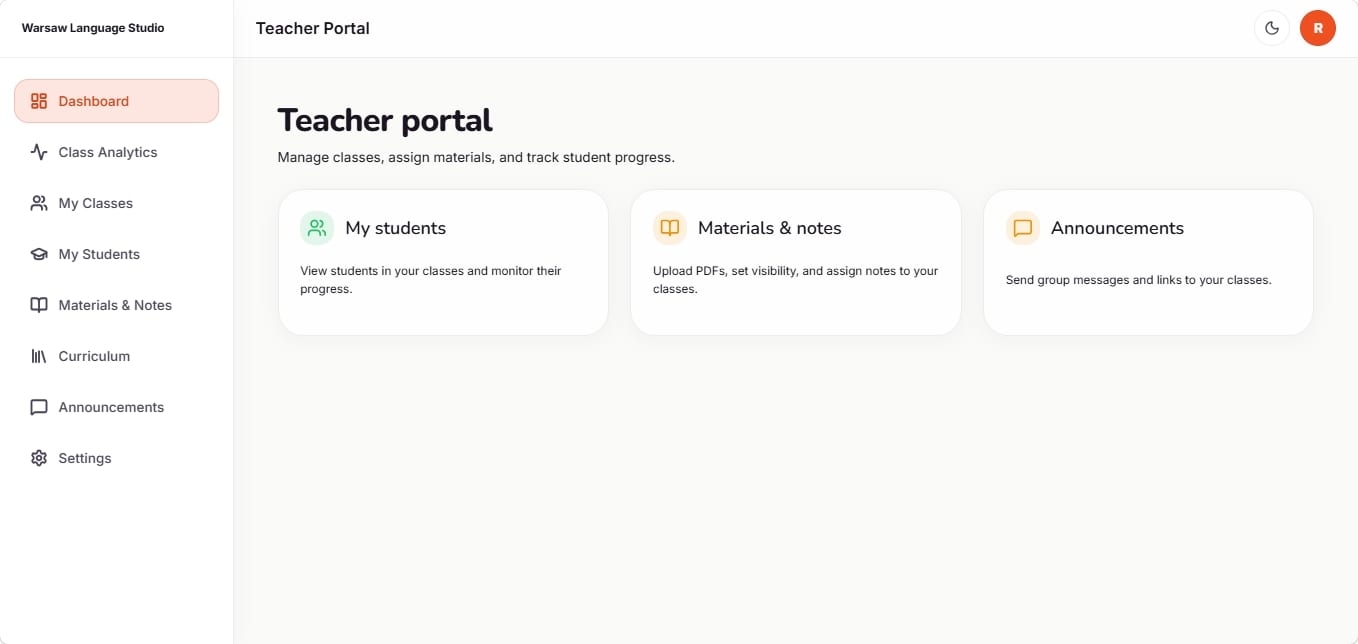Teacher portal with shortcuts to students, materials, and announcements