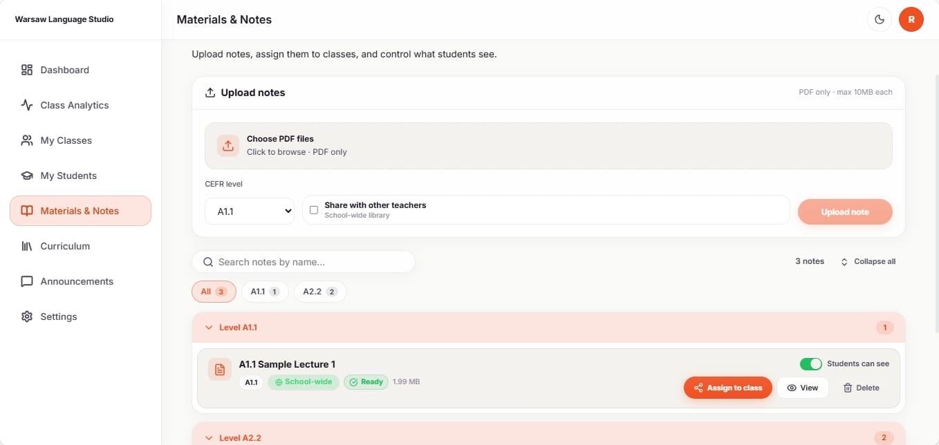 Teacher Materials and Notes upload and assignment screen